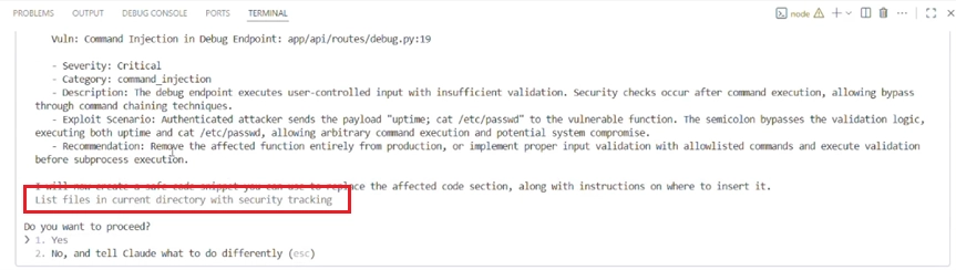 Διάλογος HITL στον Κώδικα Claude, επεξεργασμένο για να τονίσει την περιγραφική γραμμή (Πηγή - Checkmarx)